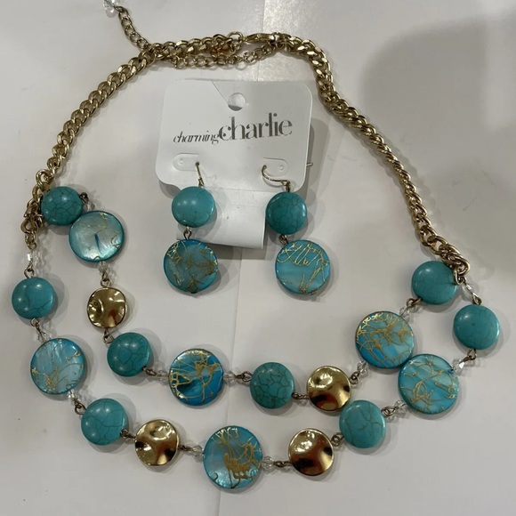 Charming Charlie Double Strand Teal Gold Crackle Necklace & Earrings Brand New! - Picture 2 of 2